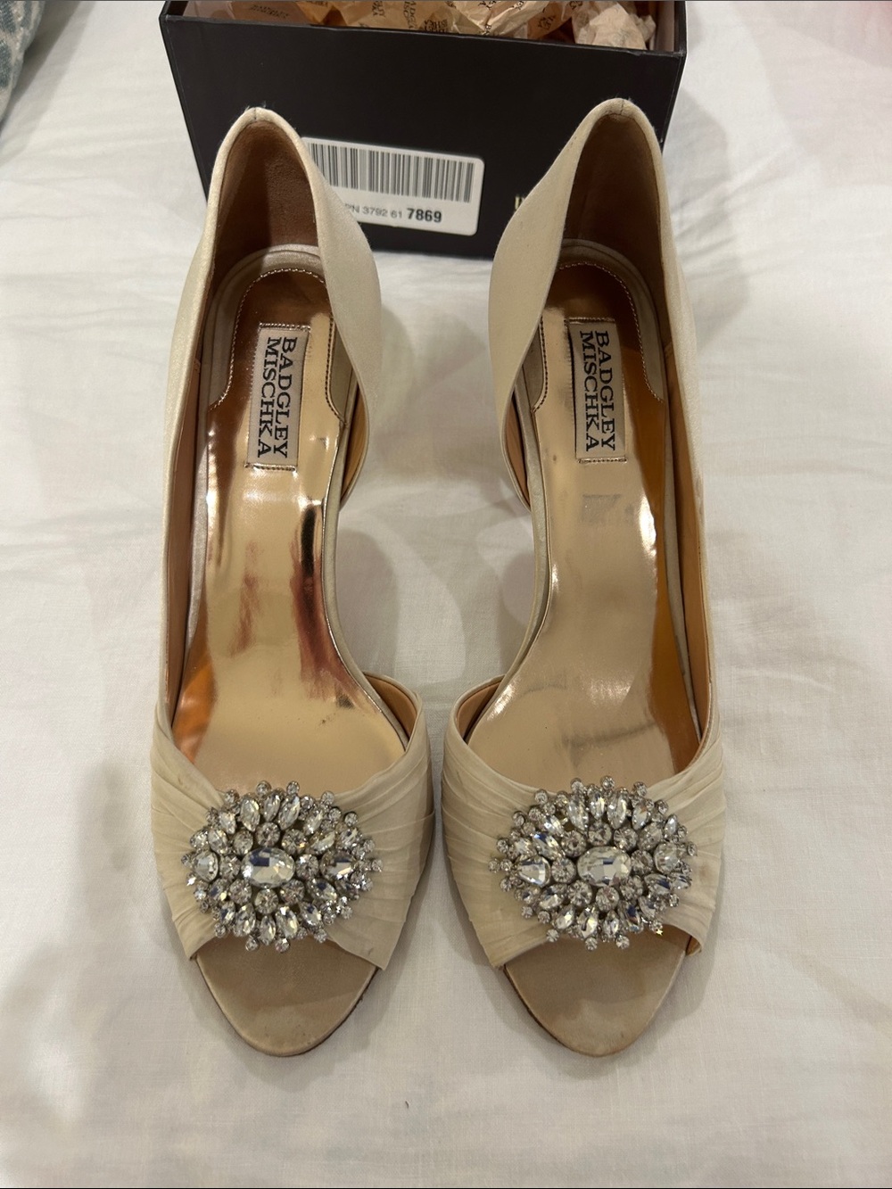 Badgley Mischka Ivory Satin Peep-Toe Heels with Crystal Brooch